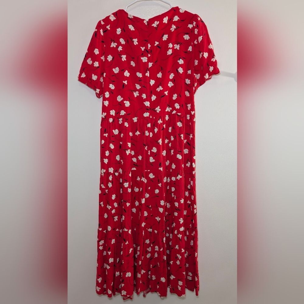 J.Crew Red Floral Midi Dress L Tiered Viscose Boho Spring Summer Romantic Picnic - Picture 2 of 7